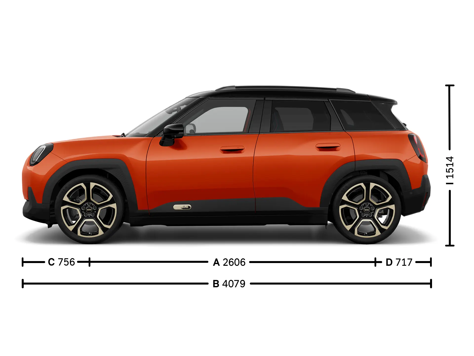MINI Aceman Electric – Abmessungen Exterieur Ansicht von der Seite