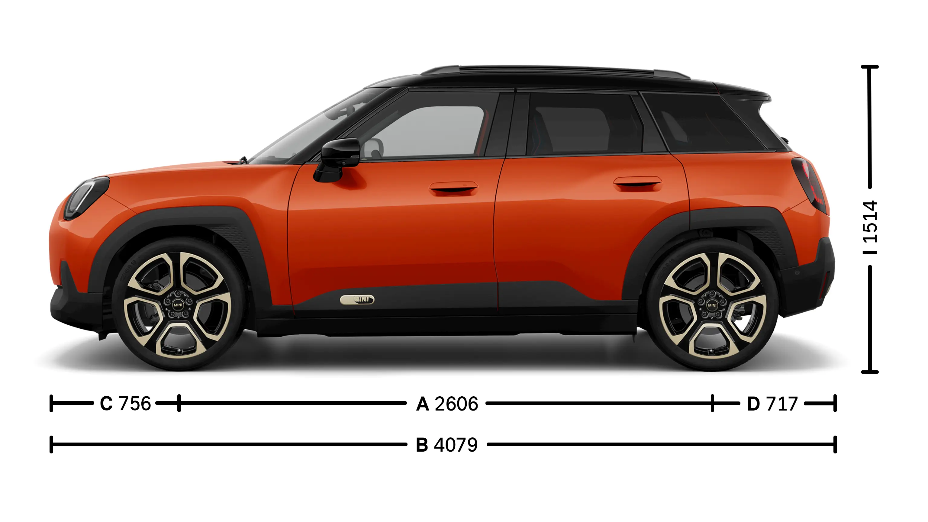 MINI Aceman Electric – Abmessungen Exterieur Ansicht von der Seite
