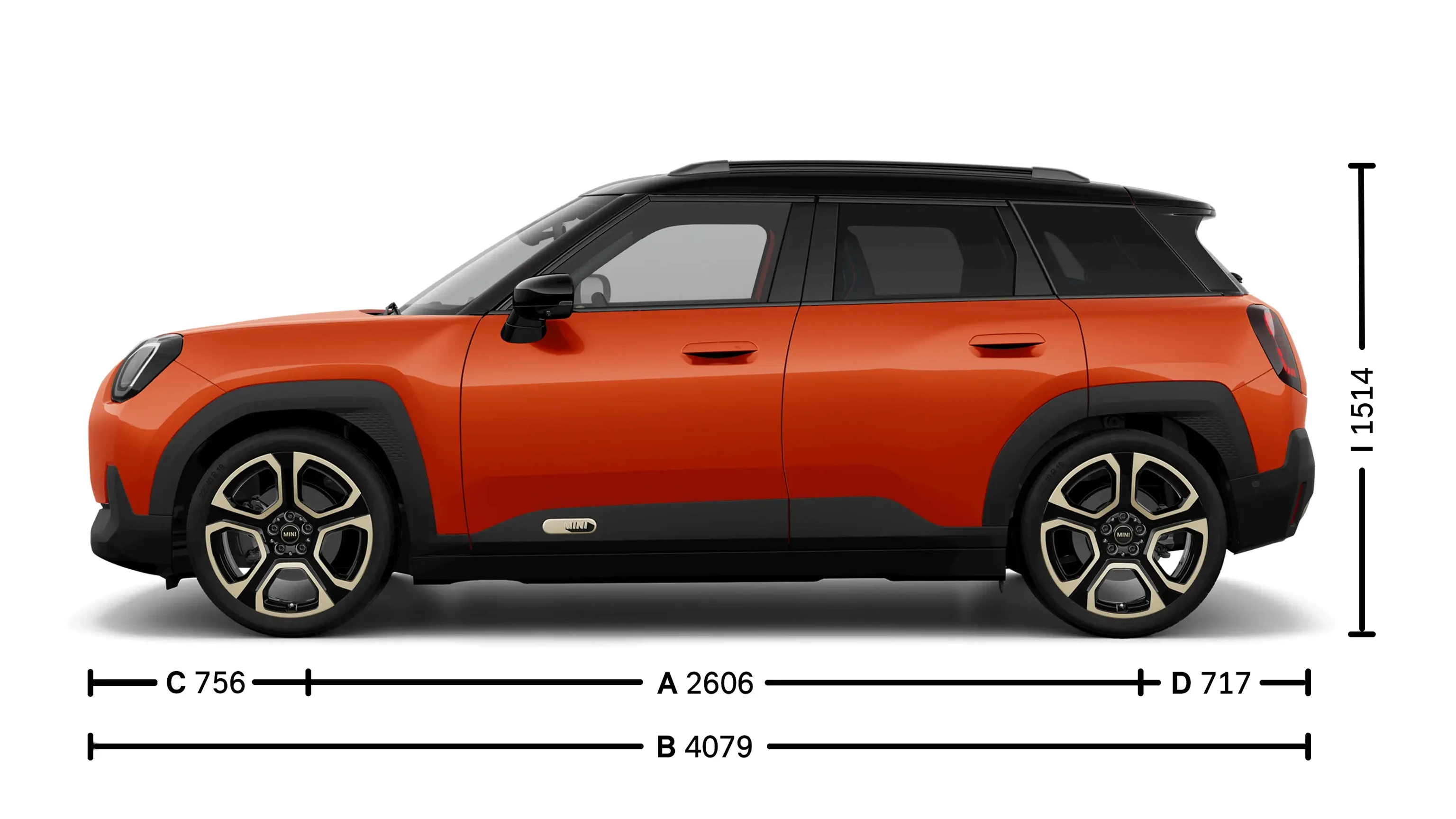 MINI Aceman Electric – Abmessungen Exterieur Ansicht von der Seite