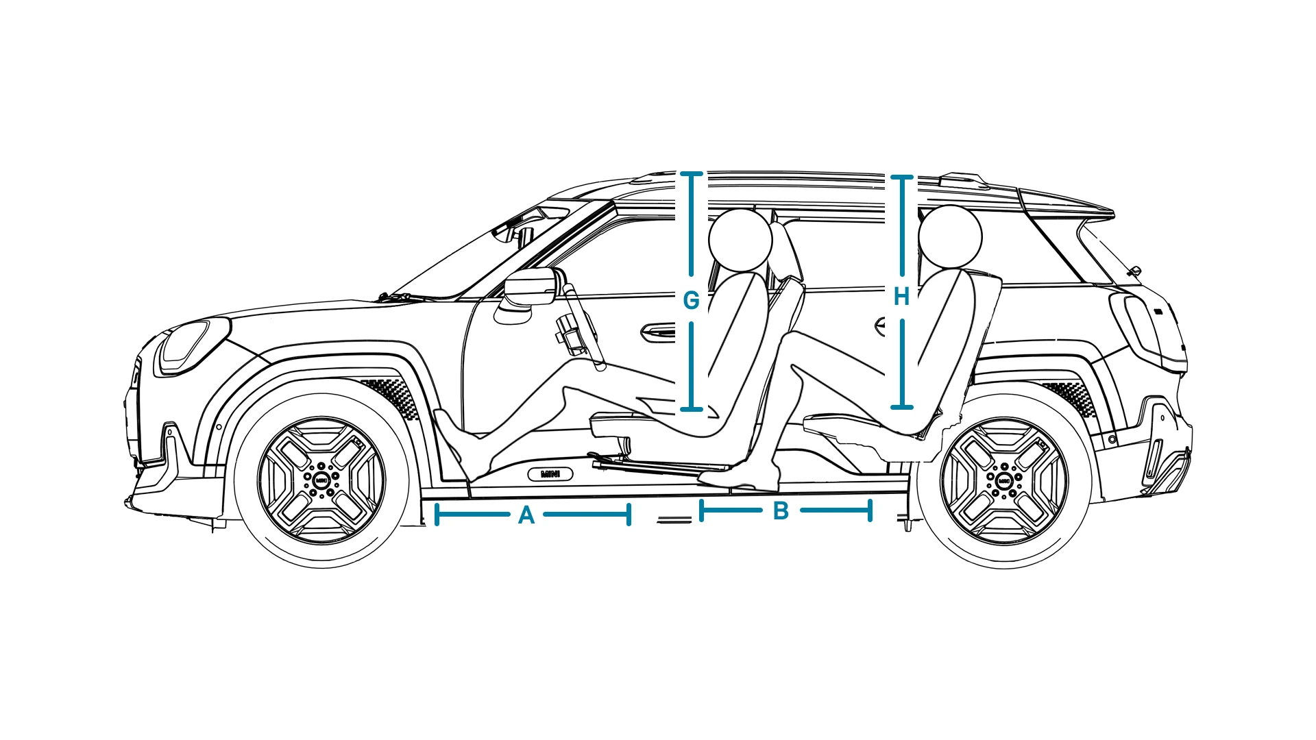 MINI Aceman Electric – Abmessungen Interieur Ansicht von der Seite