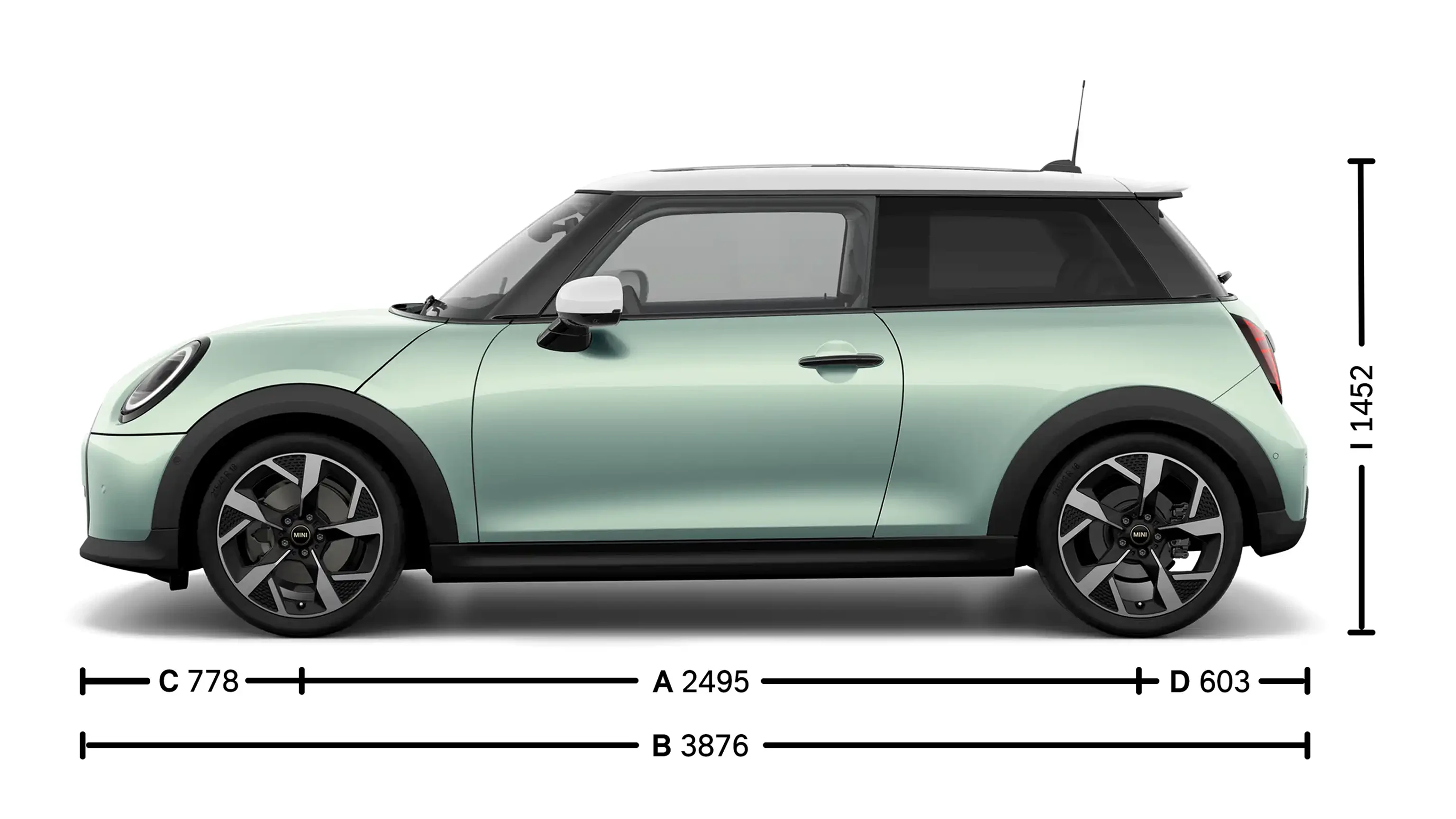 MINI Cooper 3-Türer – Abmessungen Ansicht von der Seite
