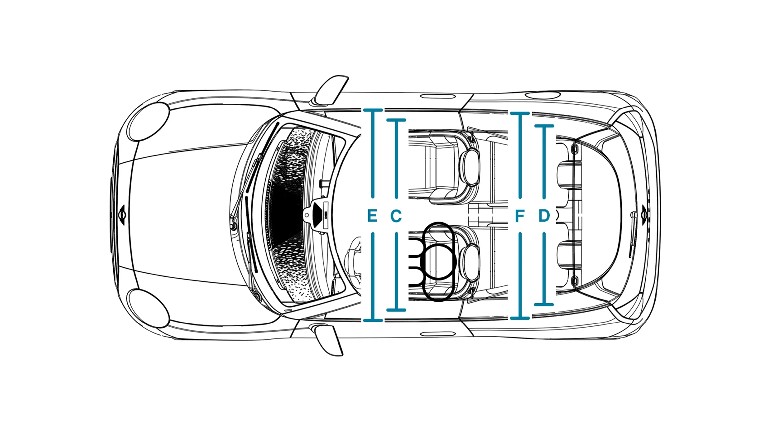 MINI Cooper Electric – Abmessungen Interieur Ansicht von oben