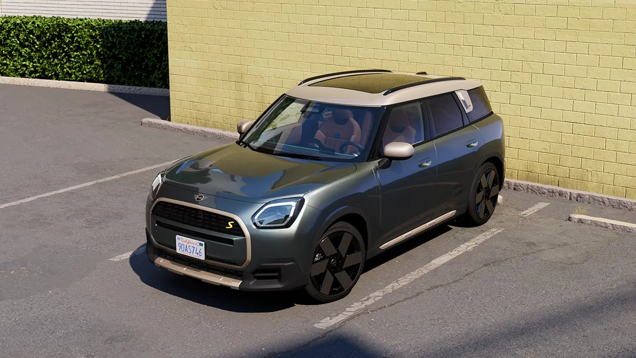 Video mit Detailaufnahmen von Exterieur und Interieur eines MINI Countryman Die Kamera schwenkt über das Armaturenbrett und hebt die Designelemente hervor