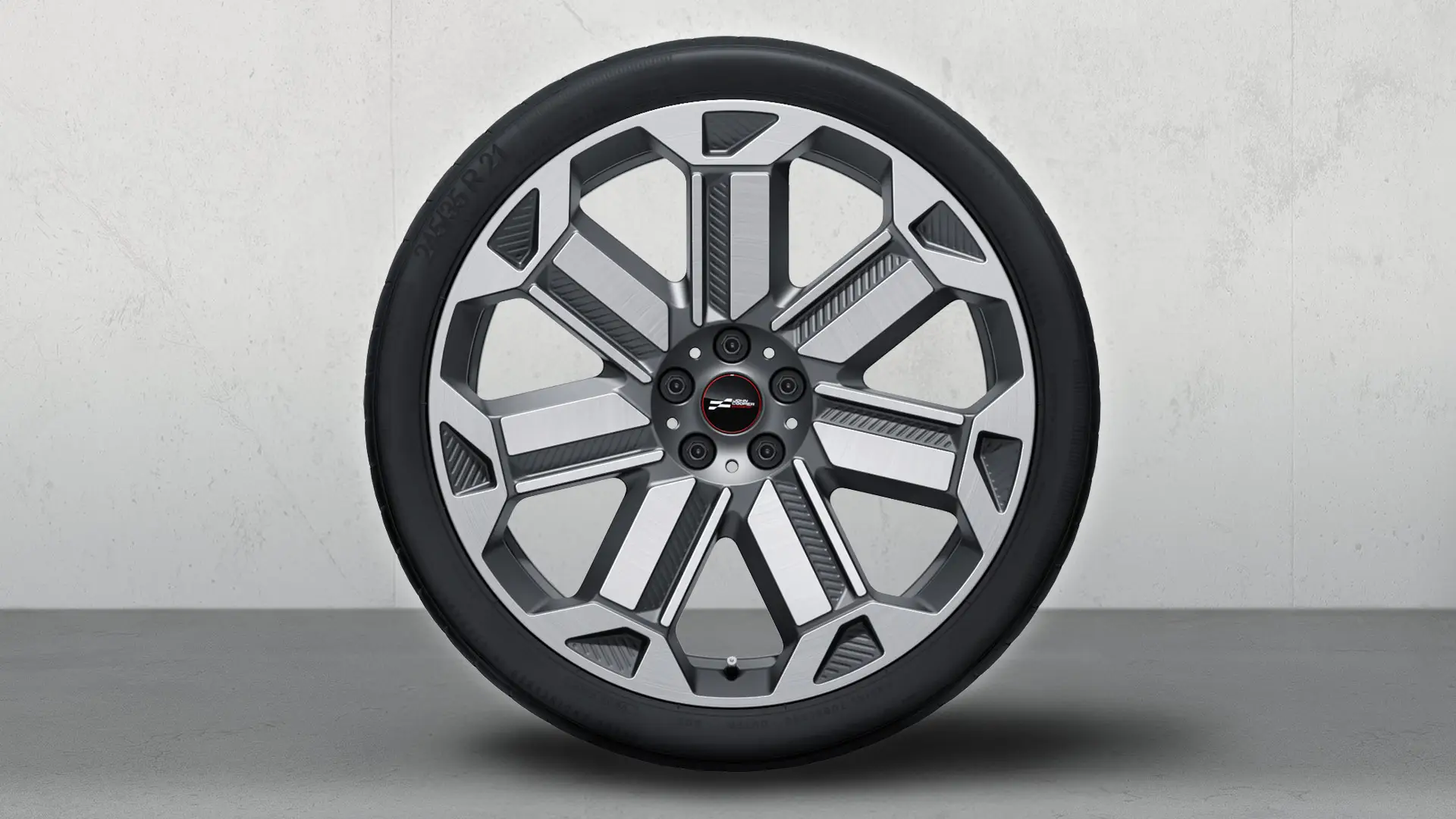 21" JCW Leichtmetall-Gussrad Rallye Spoke 950 Bicolor (Frozen Gunmetal Grey, hochglanzpoliert), Sommerkomplettradsatz. 