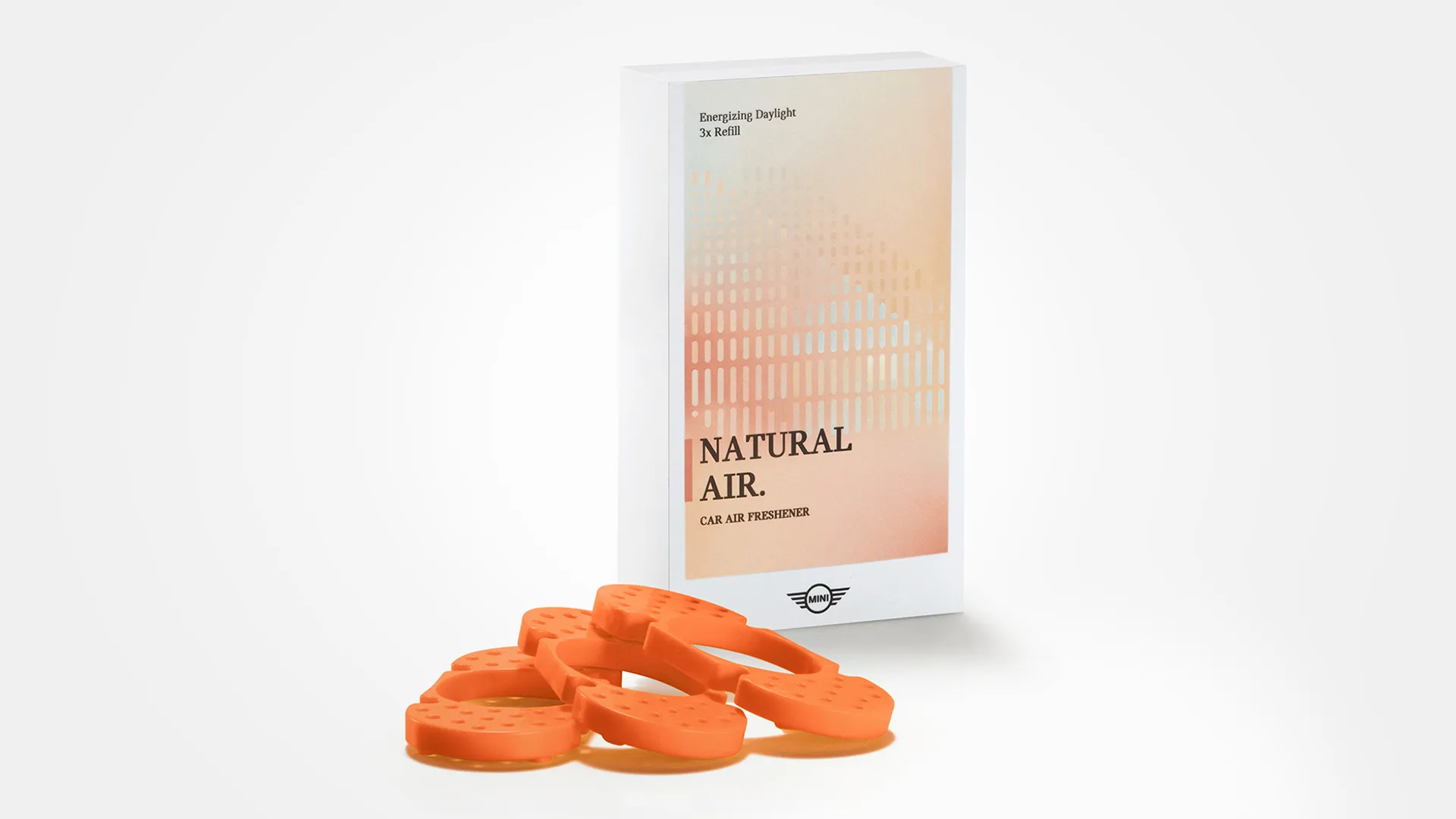 MINI Natural Air Nachfüllpackung mit drei Duftstäbchen, jeweils in einem luftdichten Beutel.