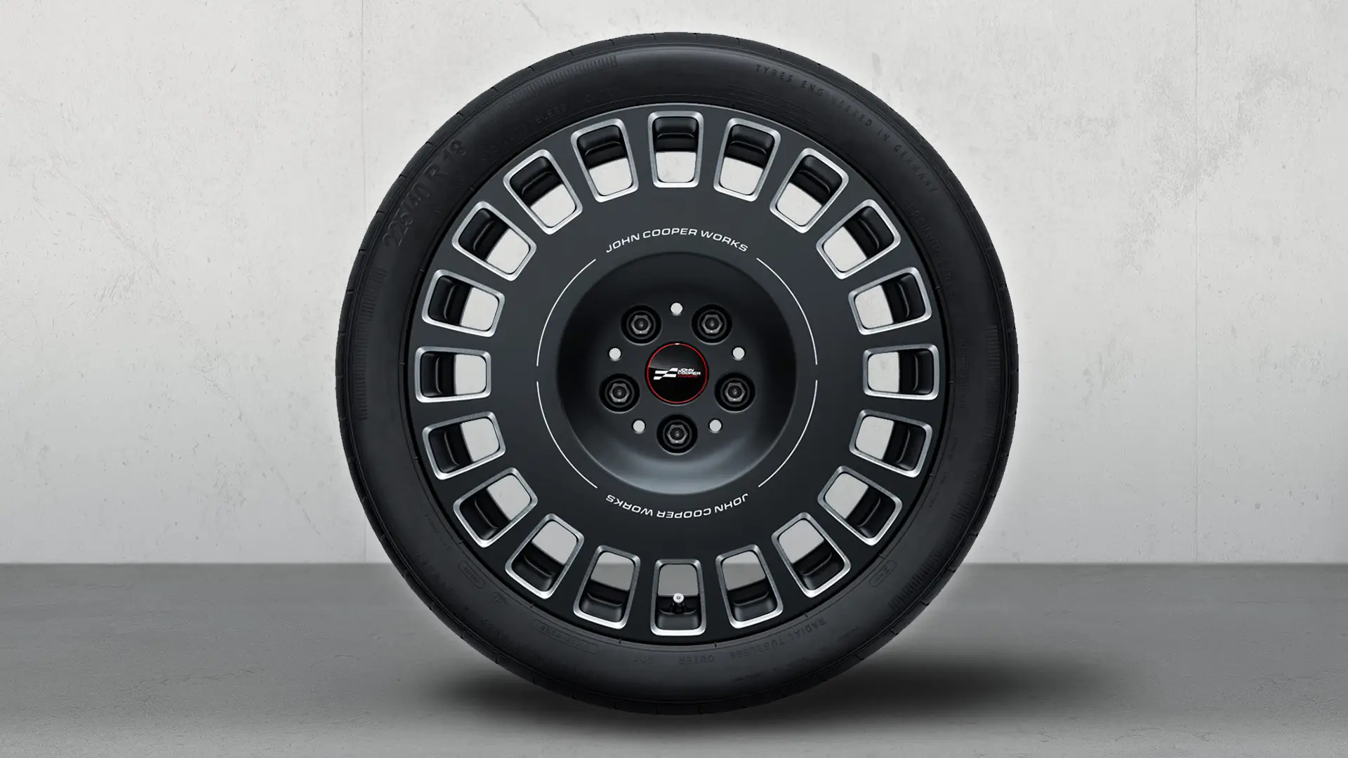 18" JCW Leichtmetallrad Rallye Spoke 992 Bicolor (Frozen Midnight Grey, poliert), Sommerkomplettradsatz.