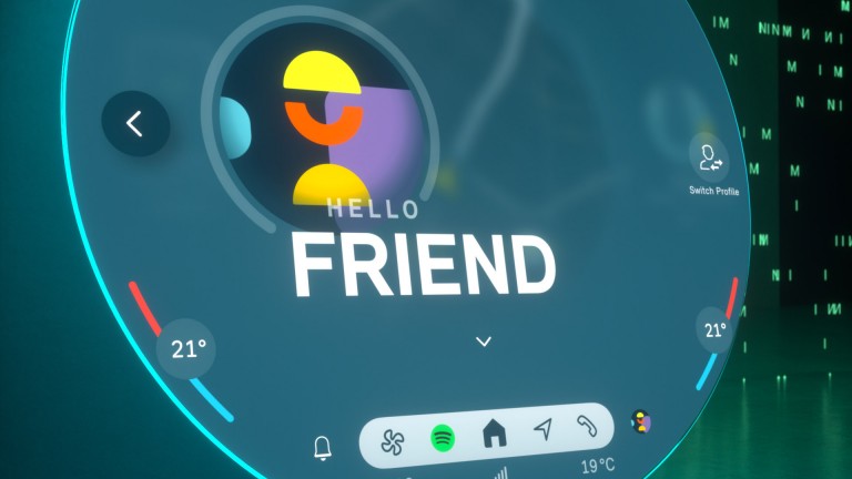 Das runde MINI Display mit Willkommensnachricht an den Fahrer