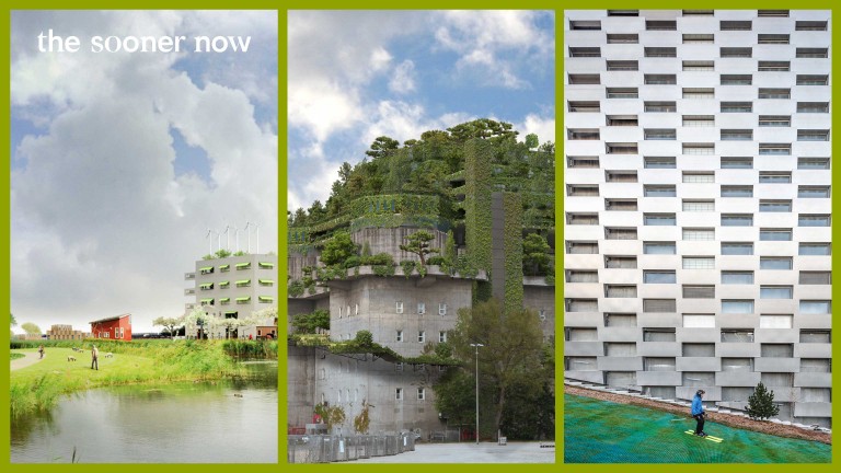 Eine Bildercollage, die Motive von nachhaltigen Projekten wie Oosterwold, Bunker St. Pauli und CopenHill zeigt.