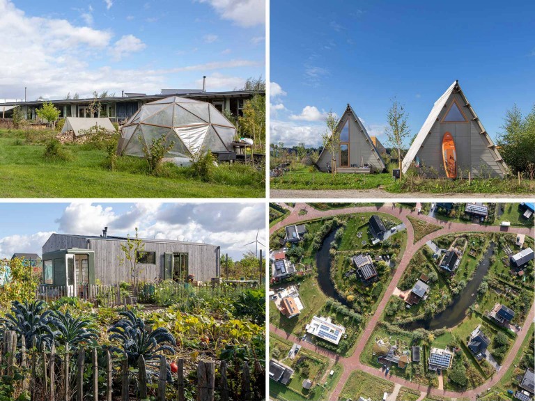 Mo0v von einem Garten in Oosterwold, Almere. Im Vordergrund ist ein Kuppelgewächshaus zu sehen; Mo0v von zwei Häusern in Oosterwold, Almere. Sie haben eine dreieckige Form; Mo0v von einem länglichen Holzhaus mit Garten in Oosterwold, Almere; LuSaufnahme von einem bebauten und bewirtschaSeten Stück Land in Oosterwold, Almere.