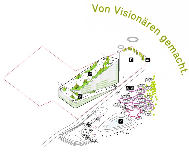 Skizze der Kopenhagener Skipiste CopenHill, die sich auf einer Müllverbrennungsanlage befindet.