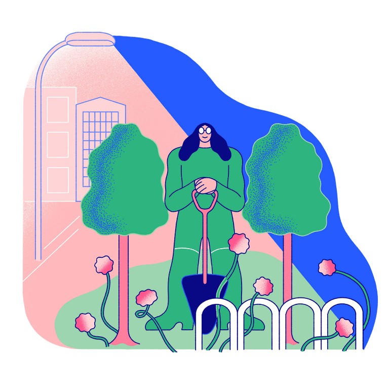 Illustration einer Person, die eine Grünpatenschaft besitzt und sich um eine städtische Grünfläche kümmert.