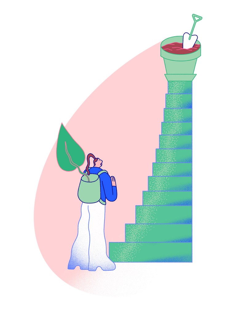 Illustration einer Person, die vor einer Treppe steht. Jeder kleine Schritt hinauf, führt zu mehr Nachhaltigkeit.