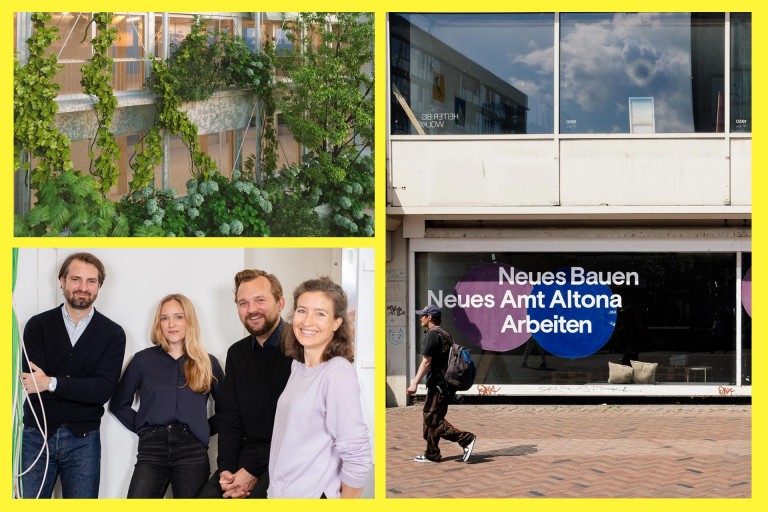 Eine Kollage aus drei Bildern: oben links die begrünte Außenfassade des geplanten Neubaus des „Neuen Amt Altona“ in Hamburg, unten links der vierköpfige Vorstand der Baugenossenschaft und rechts ein Blick aus der Fußgängerzone auf die Fassade des Altbaus, der bald abgerissen werden soll.