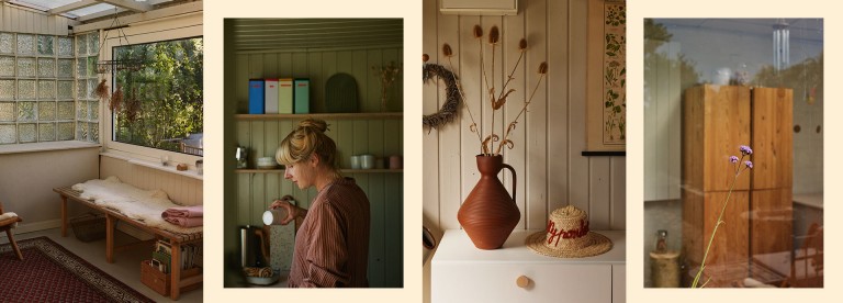 Collage aus vier Bildern, die Anne in der Küchenzeile ihrer Gartenlaube zeigen sowie Möbel- und Dekoelemente. 