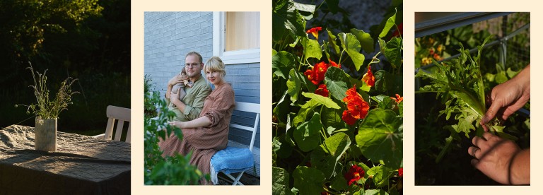 Collage mit vier Bildern, die Familie ist zu sehen sowie eine Vase mit Blumen, Kapuzinerkresse und Eichblattsalat.