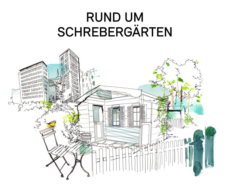 Illustration in Farbe und in schwarz-weiß mit verschiedenen Motiven wie einem Gartenhäuschen, Hochhäusern und Bäumen. 