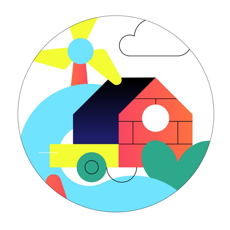 Illustration eines mobilen Mini-Hauses, das den Begriff Tiny House und Micro Living darstellt.
