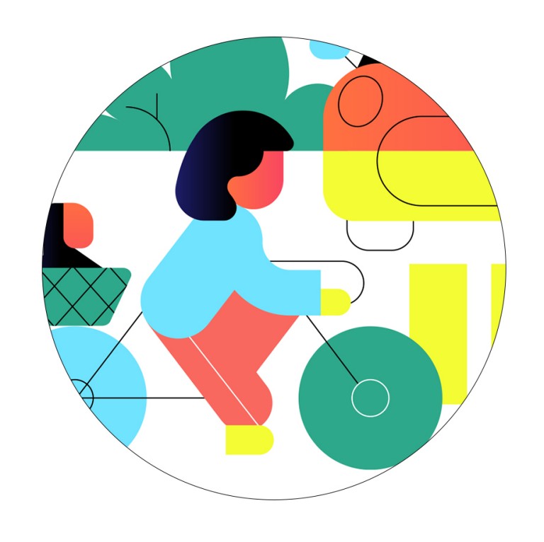 Illustration einer Fahrradfahrerin im urbanen Umfeld, die den Trendbegriffe Shared Space darstellt.