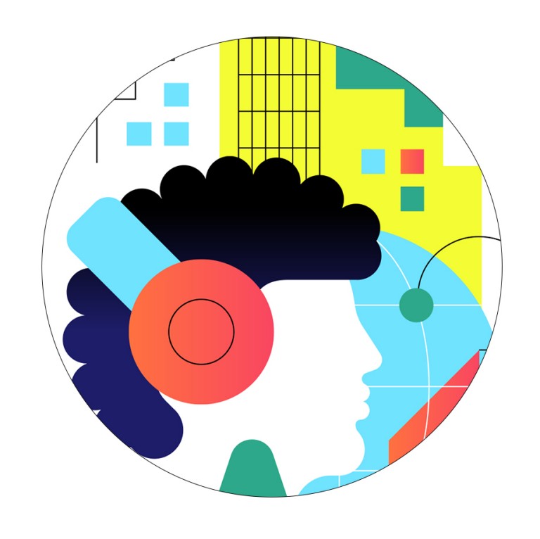 Illustration einer Person in einem urbanen Umfeld, das die Trendbegriffe Metropole, Megacity und Global City darstellt.