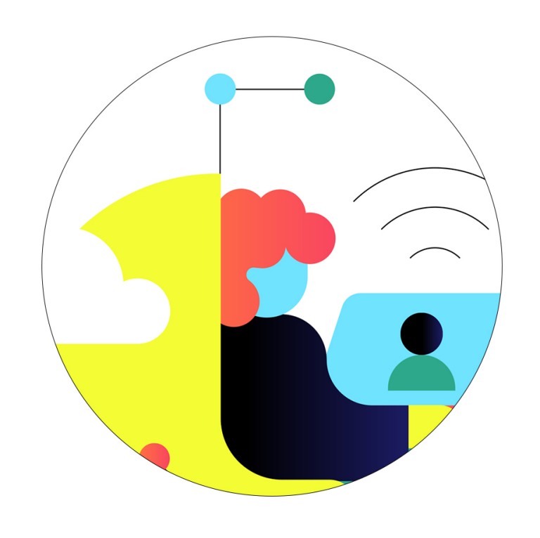 Illustration einer am Laptop sitzenden Person, die den Trendbegriffe Coworking Space darstellt.