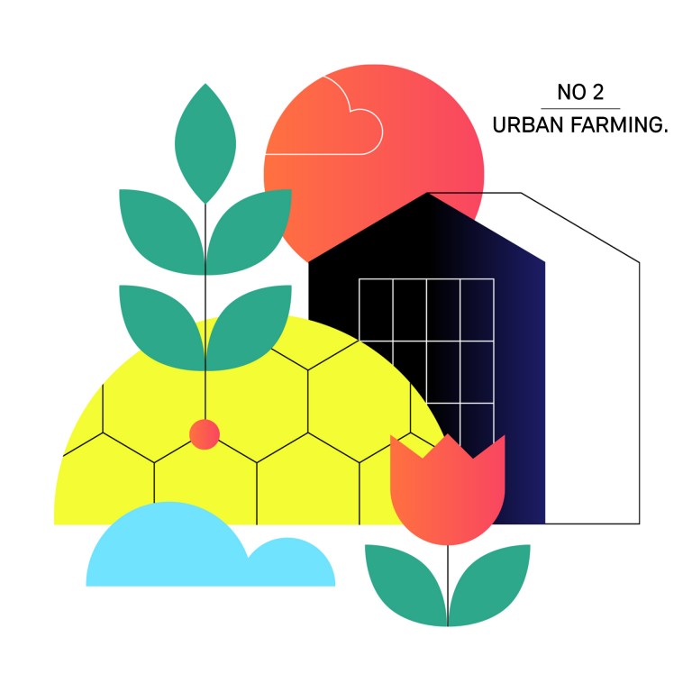 Illustration, die den Trendbegriff Urban Farming mit Pflanzen, Blumen und einem Gewächshaus in einem urbanen Umfeld darstellt.