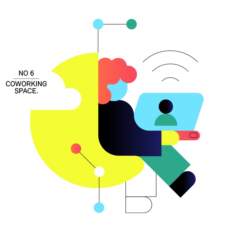 Illustration, die den Trendbegriff Coworking Space symbolisiert. Auf der Zeichnung arbeitet jemand am Laptop.