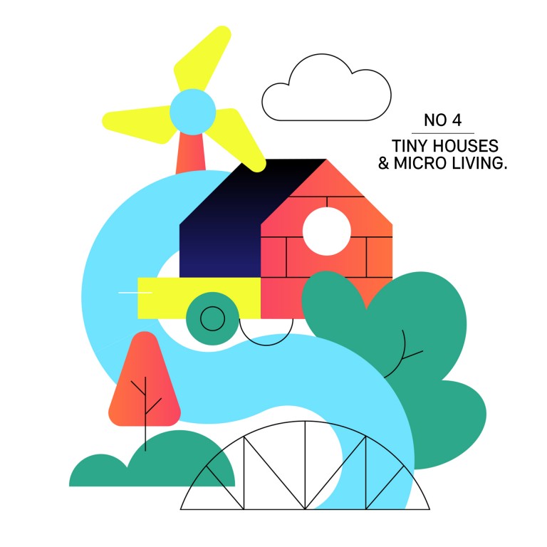 Illustration, die den Trendbegriff Tiny House und Micro Living mit einem mobilen Mini-Haus an einem Fluss darstellt.