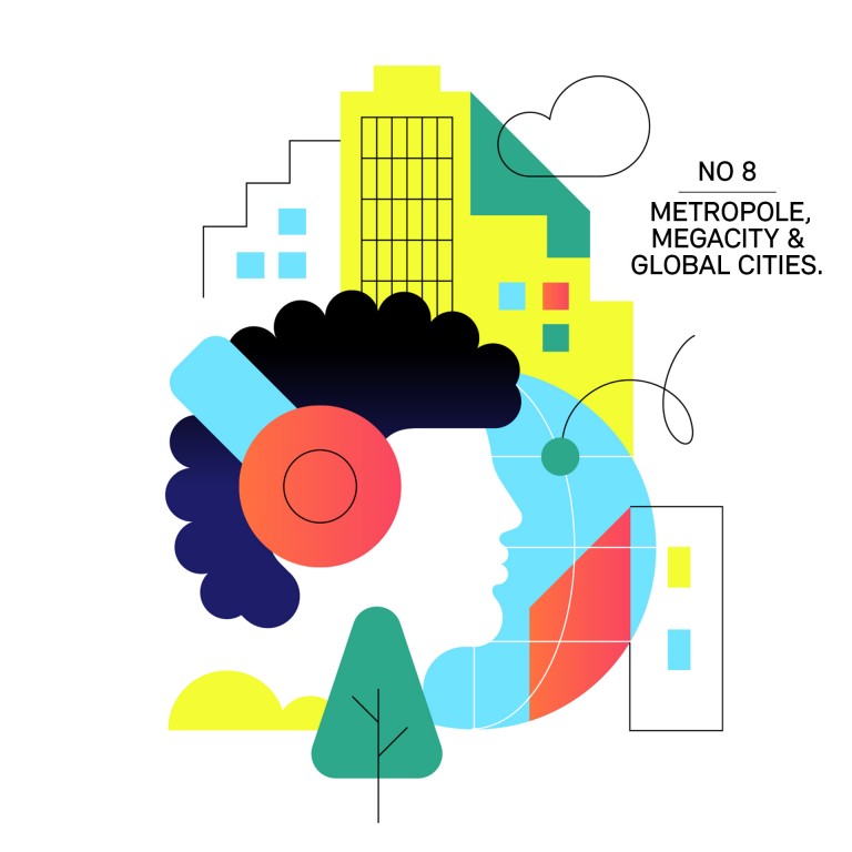 Illustration, die die Trendbegriffe Metropole, Megacity und Global City anhand einer Weltkugel, Personen und Hochhäusern symbolisiert.