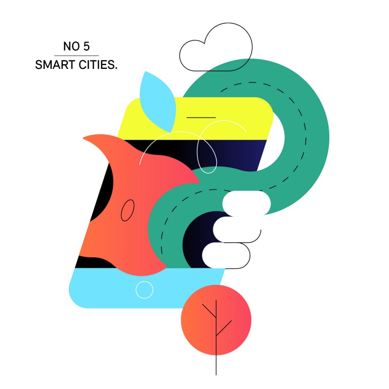 Illustration, die den Trendbegriff Smart City darstellt, unter anderem anhand der Darstellung eines Smartphones.