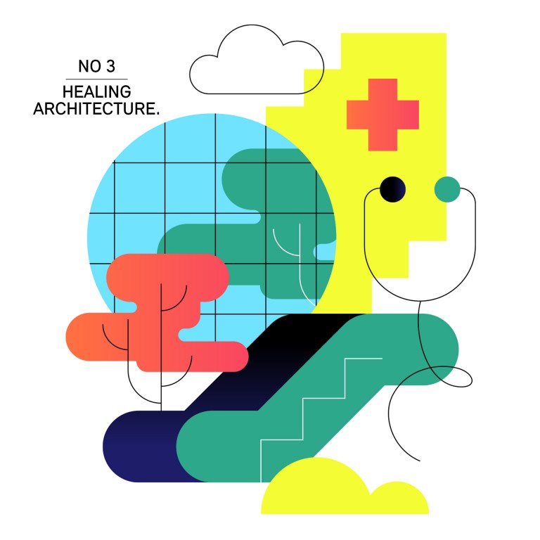 Illustration, die den Trendbegriff Healing Architecture darstellt. Zu sehen ist unter anderem der Blick ins Grüne aus einer Gesundheitseinrichtung.