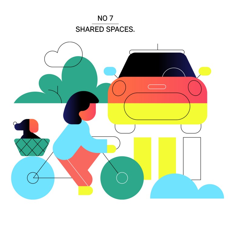 Illustration, die den Trendbegriff Shared Space darstellt. Sie zeigt unter anderem eine Straßenmarkierung, einen MINI Cooper SE und eine Fahrradfahrerin.