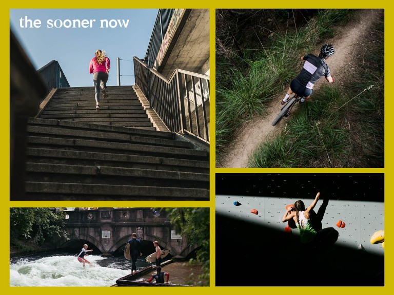 Bilder-Collage von unterschiedlichen Sportarten. Im Uhrzeigersinn: Eine Joggerin läuft Treppen hinauf, ein Mountainbiker im Gelände, Menschen mit Booten und SUPs, Surfen auf der Eisbachwelle in München und eine Kletterin in einer Boulderhalle. 