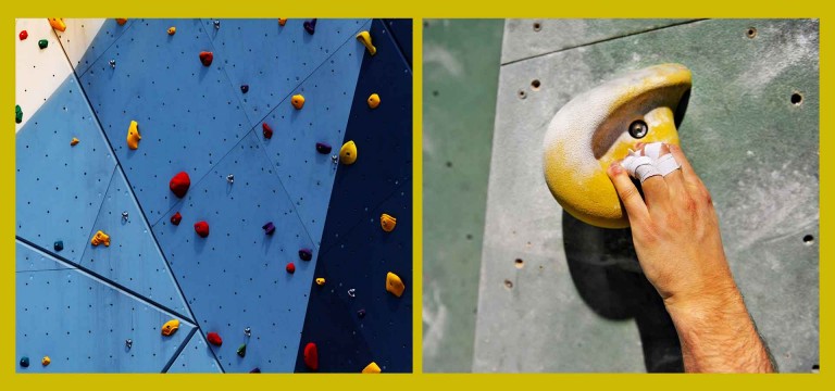 Kollage aus zwei Bildern: links ein Detailshot einer Boulderhalle; rechts eine Hand am Klettergriff. 
