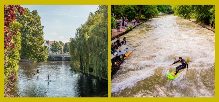 Kollage aus zwei Bildern: Stand-up-Paddler auf der Alster; Surfer auf der Eisbachwelle in München.