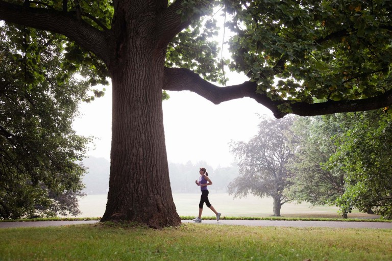 Eine Frau joggt durch den Park.