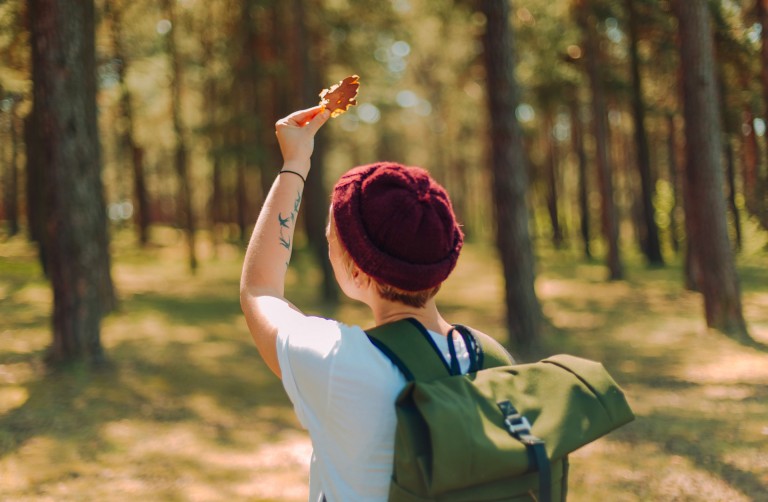 Rückansicht einer jungen Frau, die im Wald steht und ein Laubblatt gegen das Sonnenlicht hält.